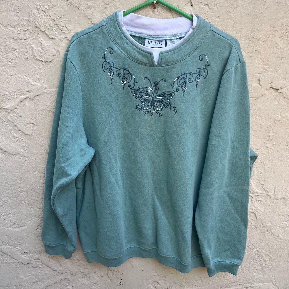 Blair Women's Green Crewneck Sweatshirt with Butterfly Design tag xl petite